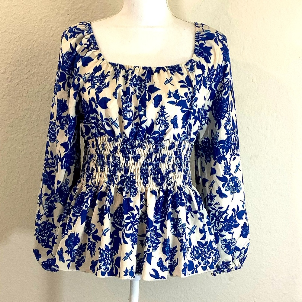 Joress Curve Tiffany Floral smocked bodice top long sleeve Sz 0XL